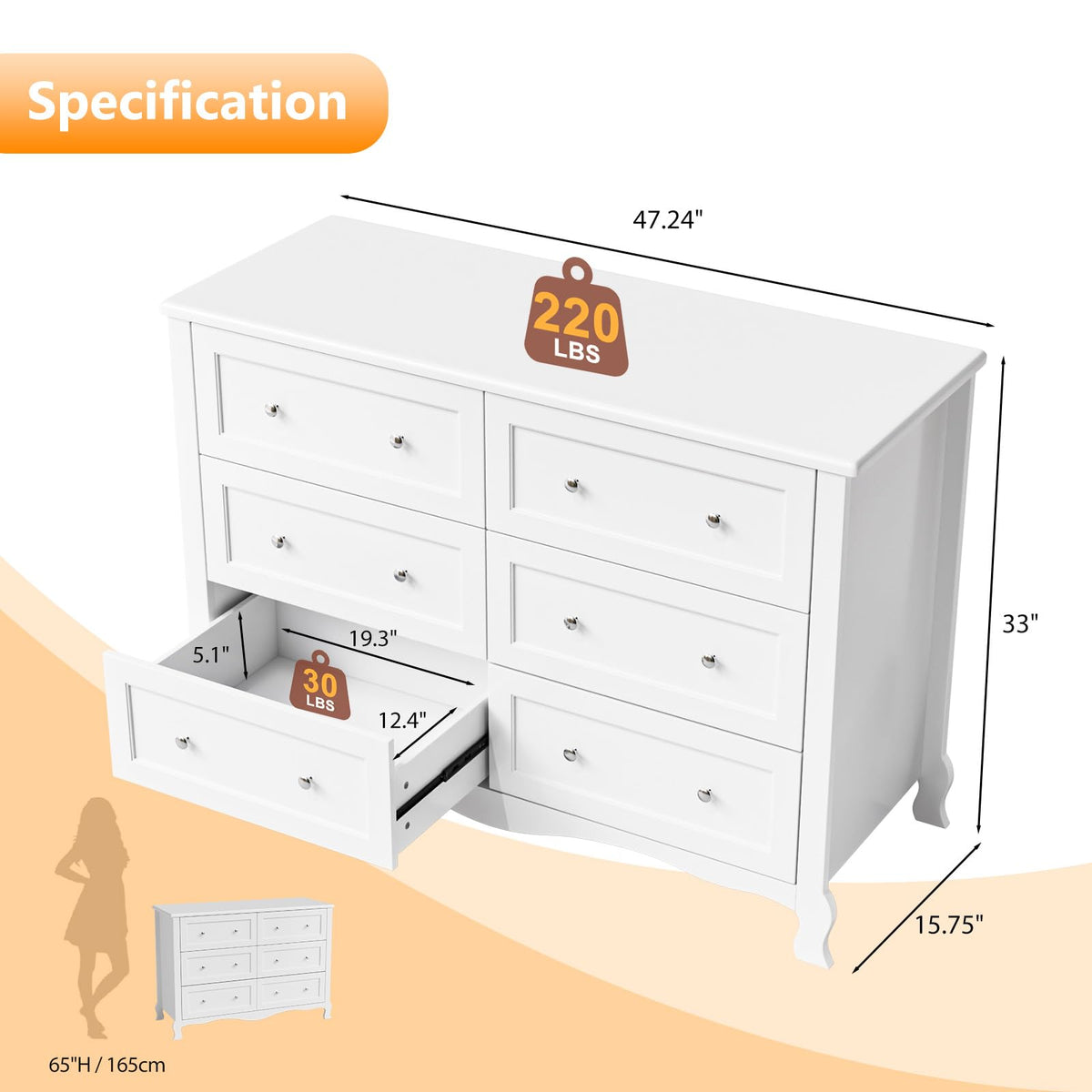 White 6 Drawer Wood Dresser with Curved Legs F72808