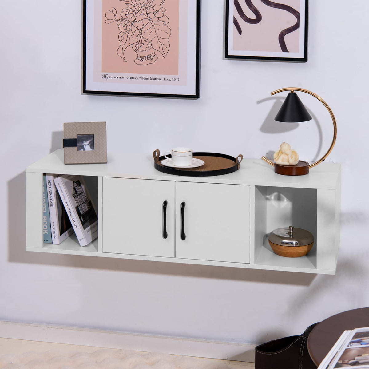 Wall Mounted Storage Cabinet, 2 Cube Floating Desk with Doors, White I154684