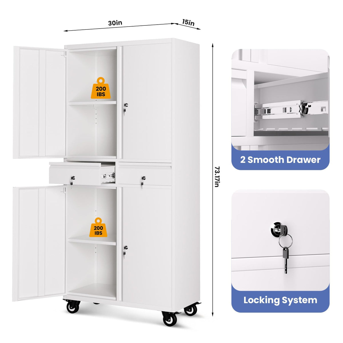 72” Rolling Metal Storage Cabinet with Locking Doors & 2 Drawers R557