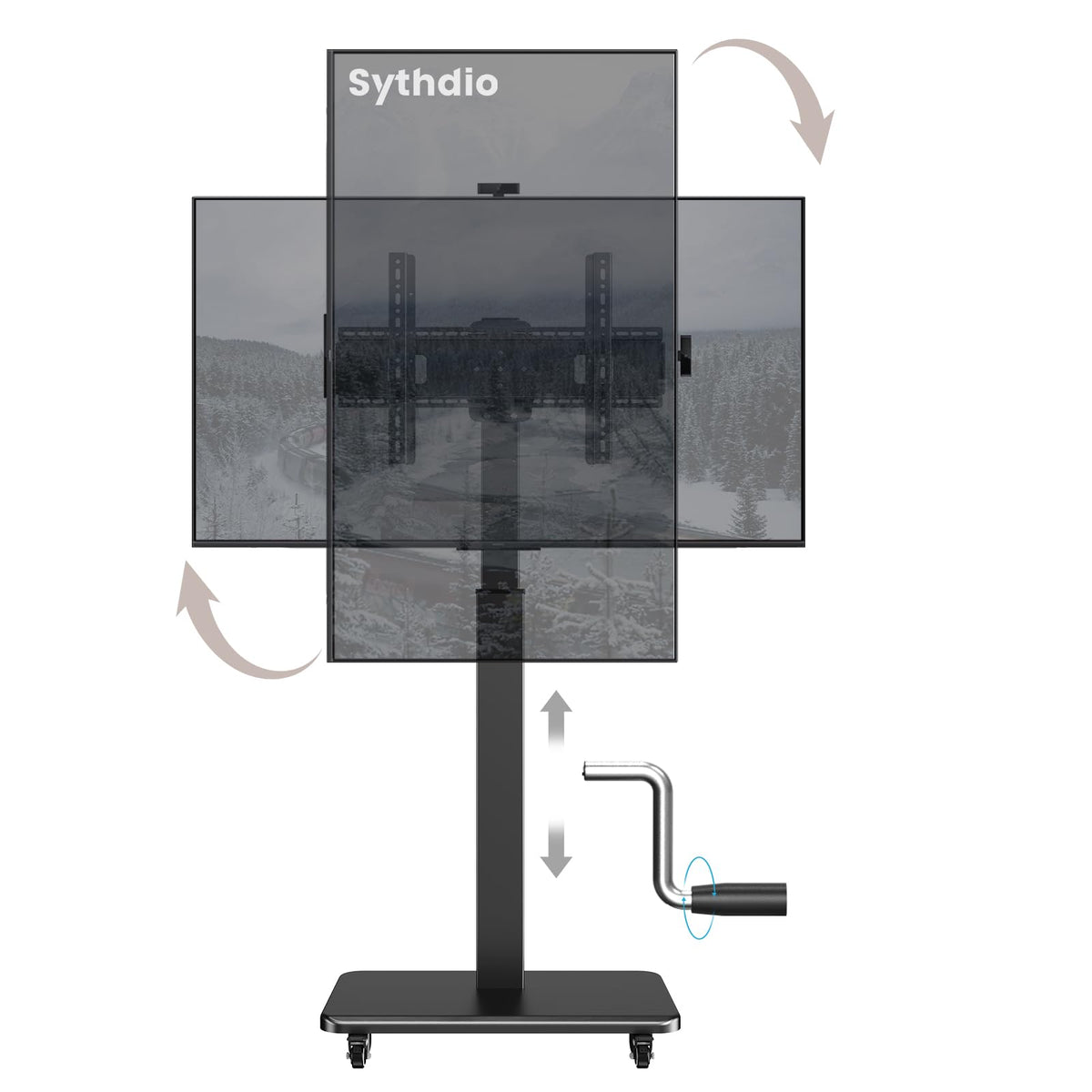 Mobile TV Stand on Wheels with 90° Swivel, Hand Crank Adjustable Height, for 42 to 75 inch TVs up to 110 lbs (Black) J21940