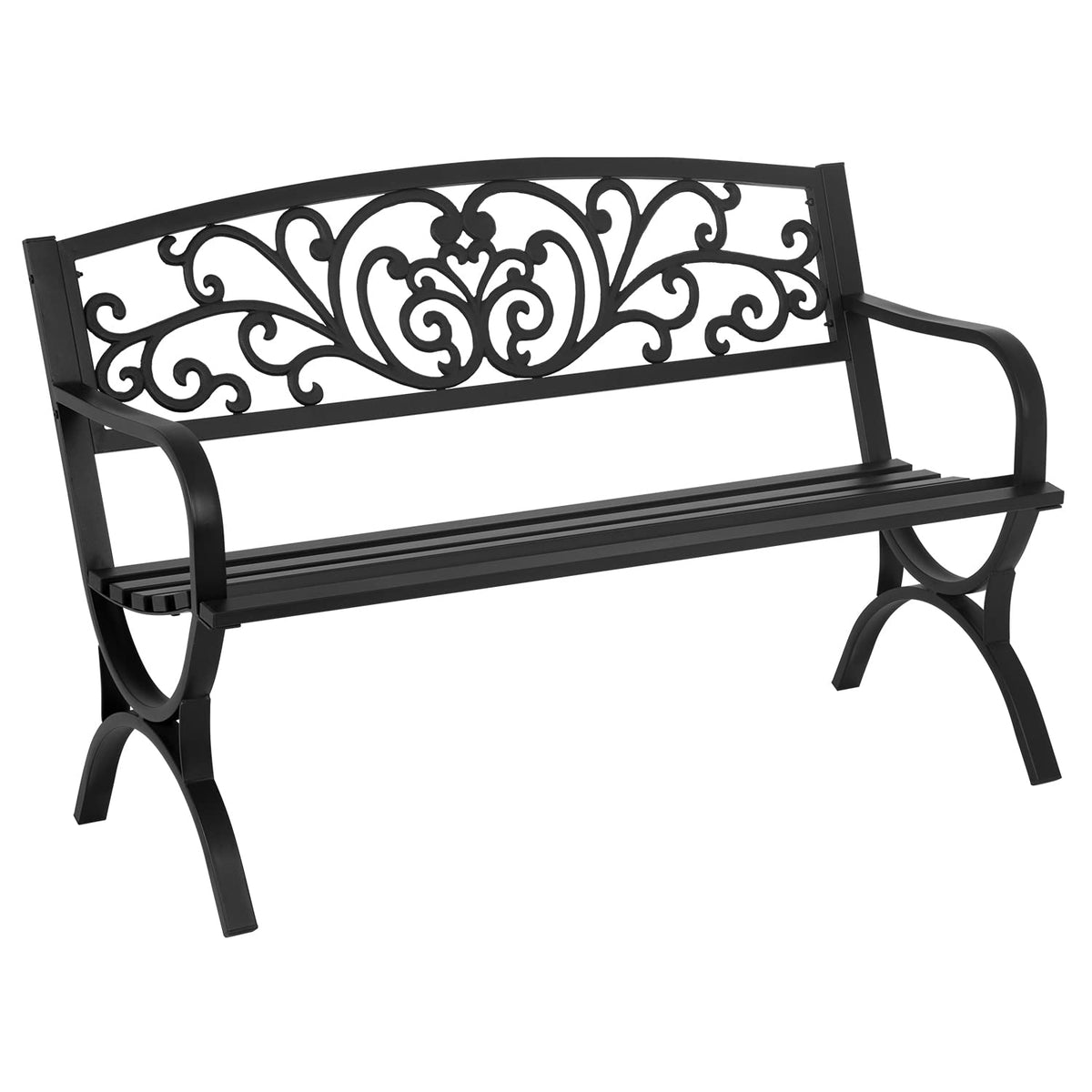 50 inch Black Metal Patio Garden Bench with Armrests Y5101
