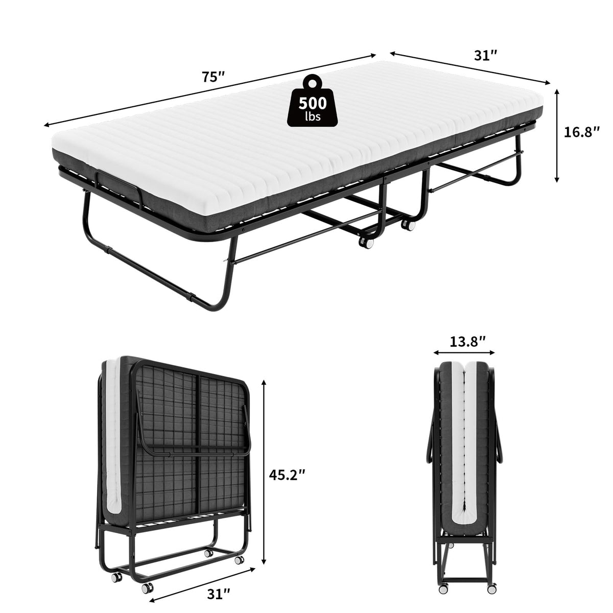 Folding Bed with Mattress 75''x31'' 5 Inch Memory Foam Metal Frame T713