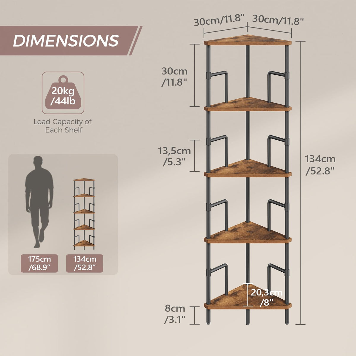 5-Tier Tall Corner Bookshelf with Metal Frame O286