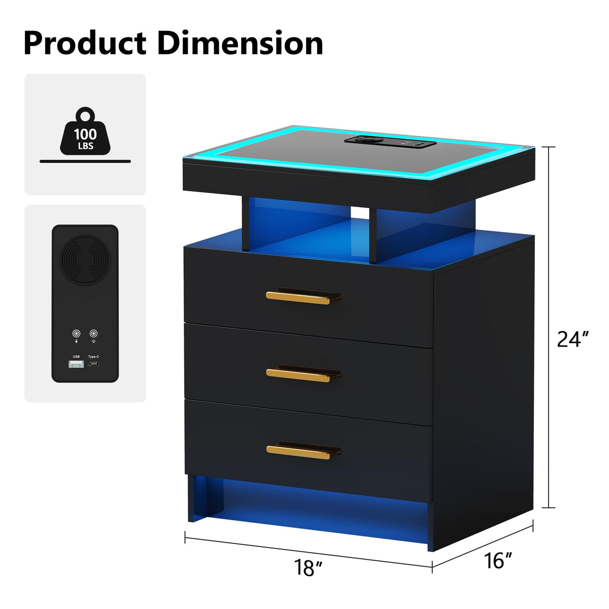 Black 3 Drawer LED Nightstand with Charging Station S244145