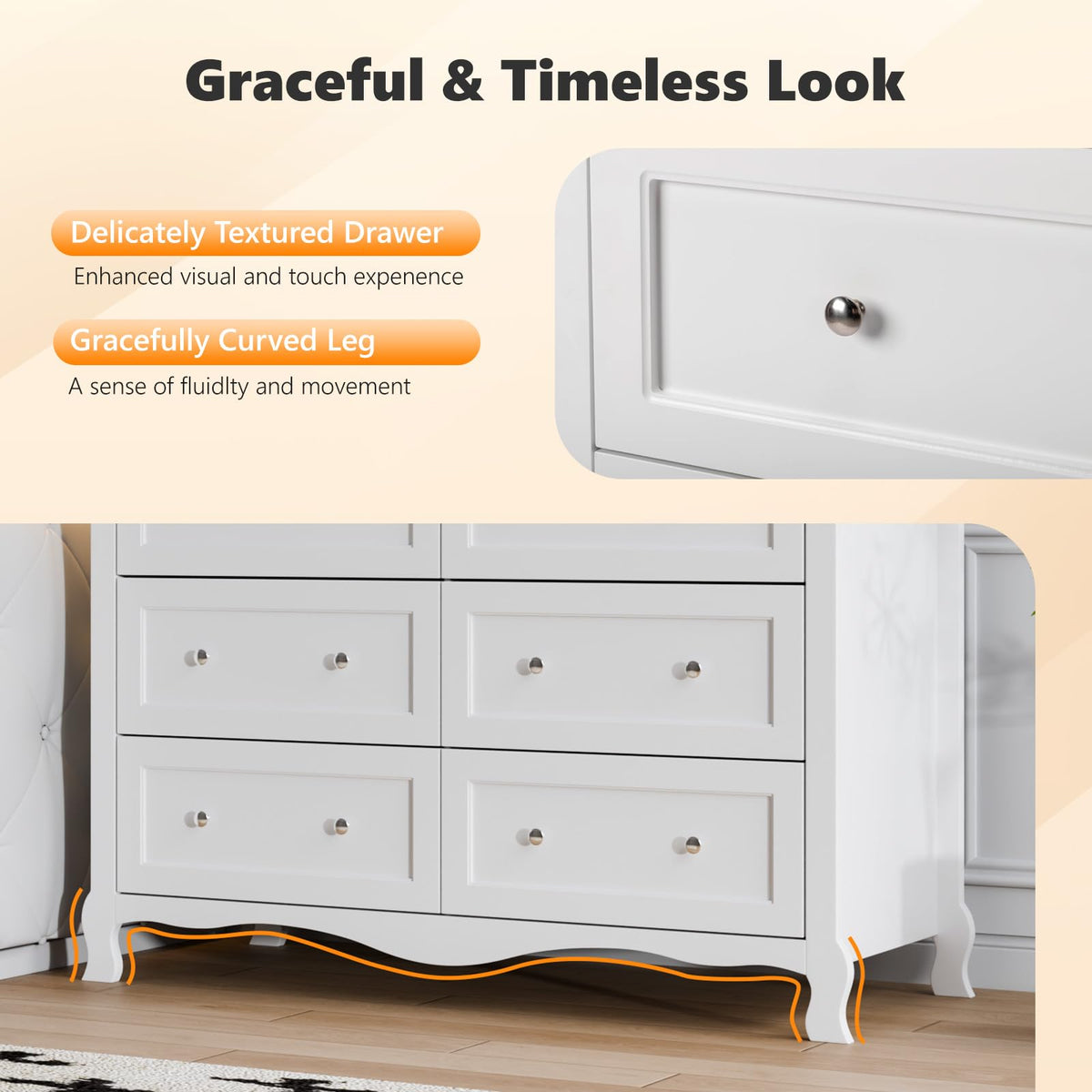 White 6 Drawer Wood Dresser with Curved Legs F72808
