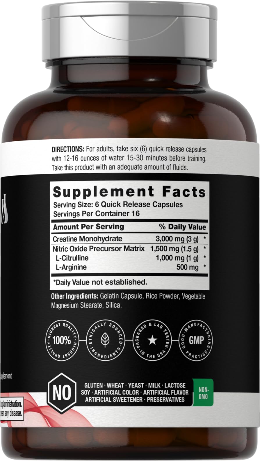 Nitric Oxide Supplement with Creatine Monohydrate 100 Capsules N484515