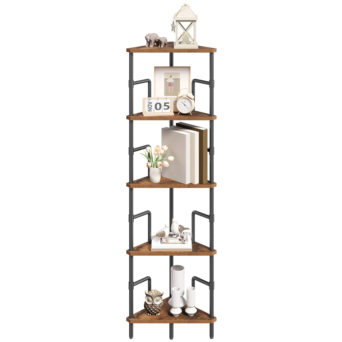 5-Tier Tall Corner Bookshelf with Metal Frame O286