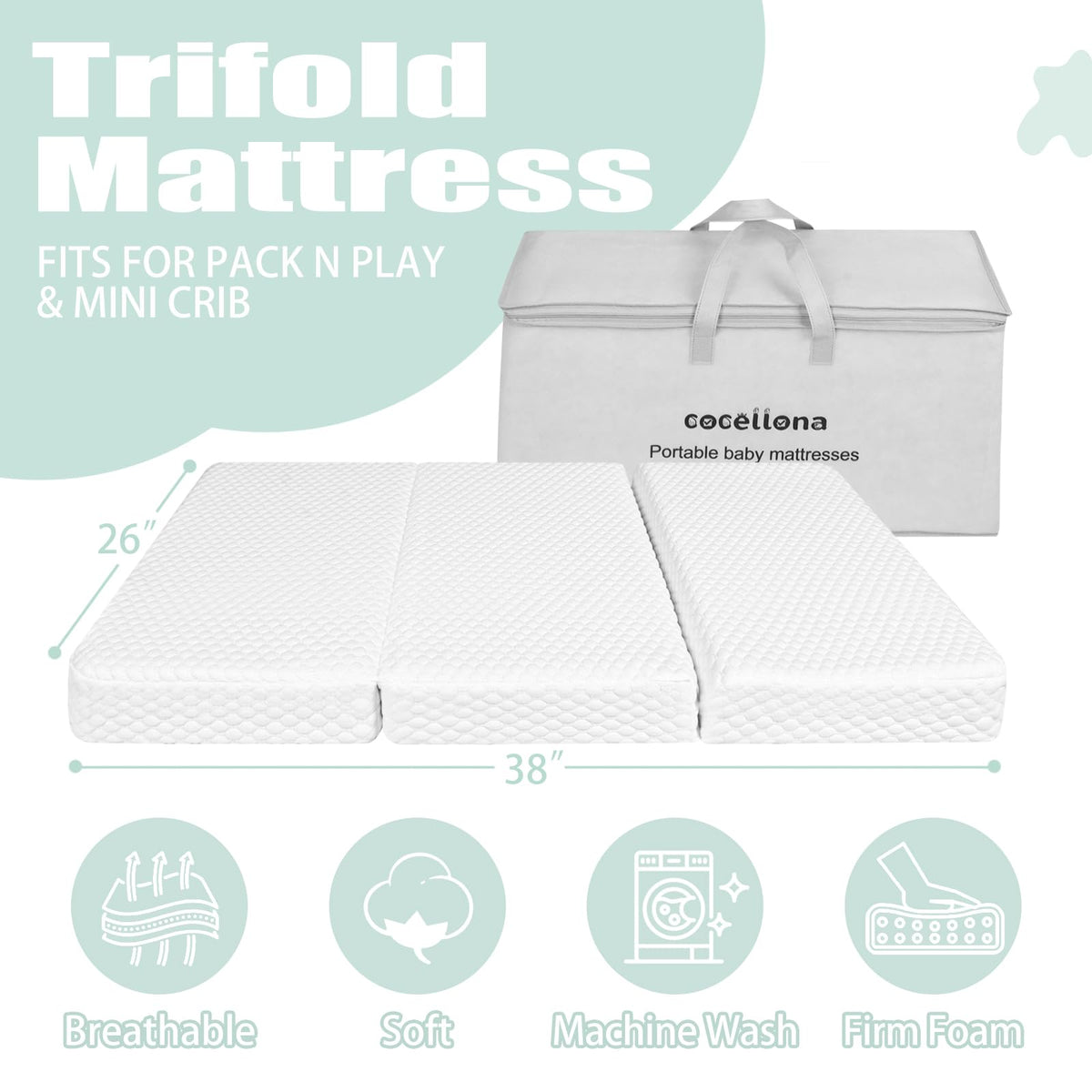 38”x26” Trifold Dual-Firmness Memory Foam Pack and Play Mattress D439
