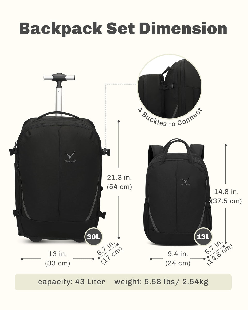 Rolling Backpack with Wheels 43L with Packing Cubes Set 6PC K738763