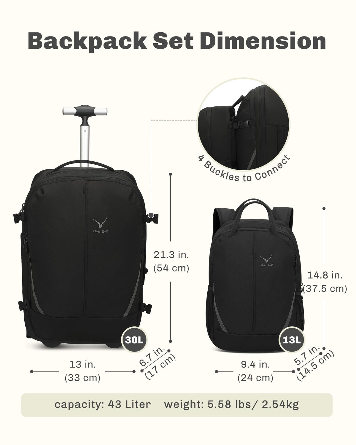 Rolling Backpack with Wheels 43L with Packing Cubes Set 6PC K738763