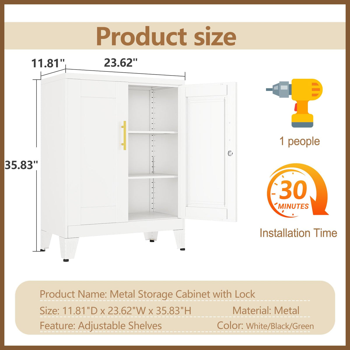 White 36" Metal Storage Cabinet with 2 Doors and 2 Adjustable Shelves S29932