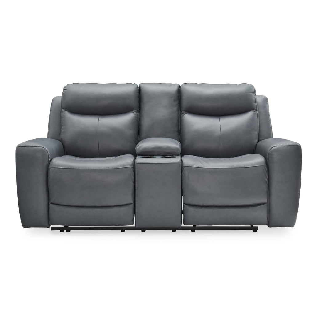 Gray Leather Match Power Reclining Loveseat with Console B11733