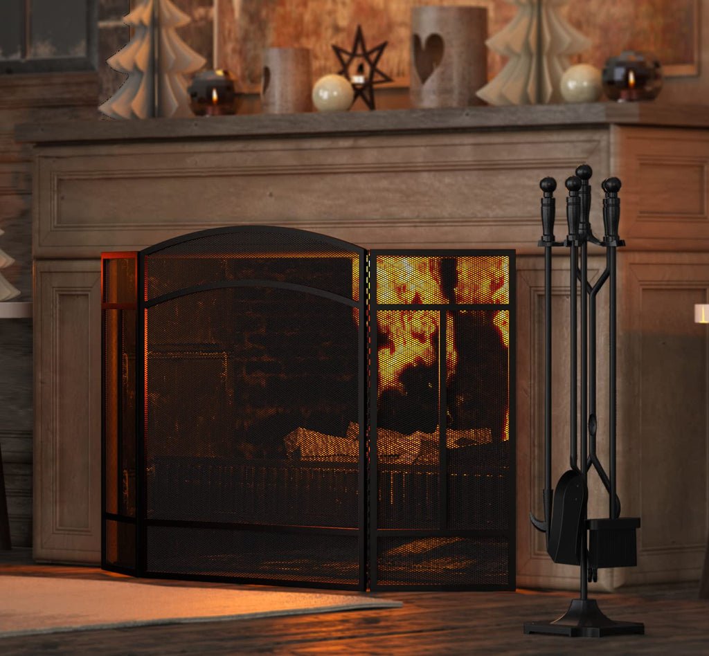 Black 3 Panel Wrought Iron Fireplace Screen R692702