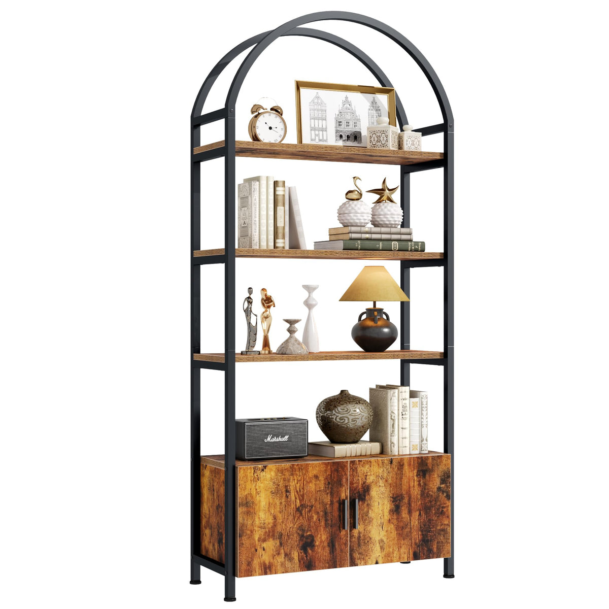 Arched 71 Inch Tall 5 Tier Wood and Metal Bookshelf with Storage Cabinet N72314