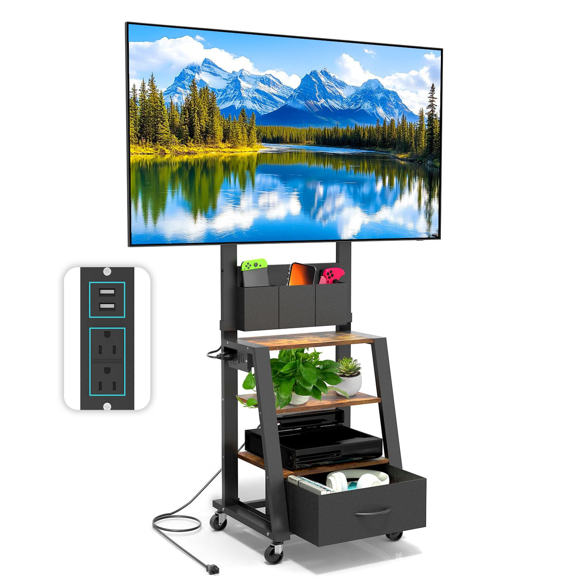 Rolling TV Stand with Power Outlet & 4-Tier Storage for 23-60 Inch Flat/Curved Screen P846
