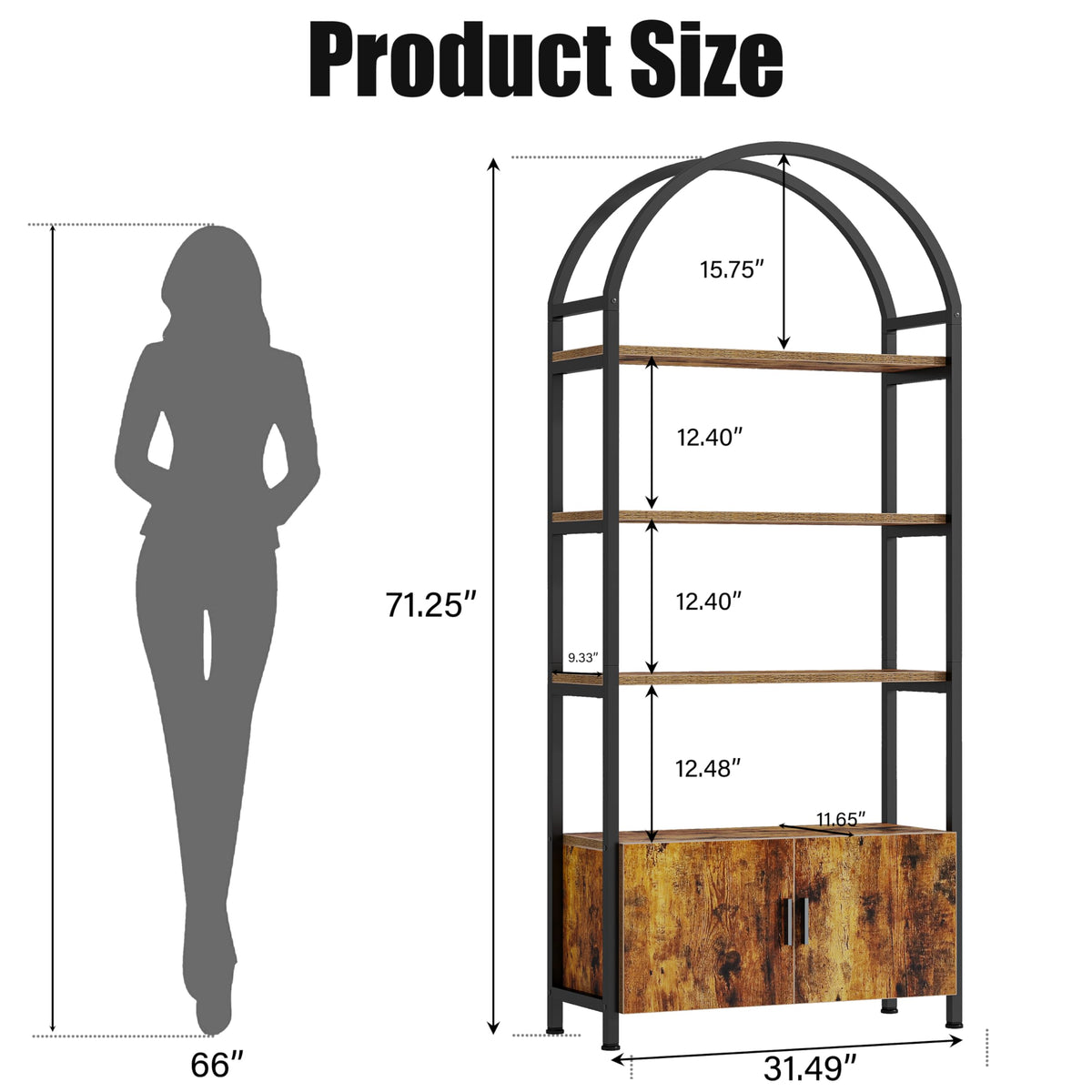 Arched 71 Inch Tall 5 Tier Wood and Metal Bookshelf with Storage Cabinet N72314