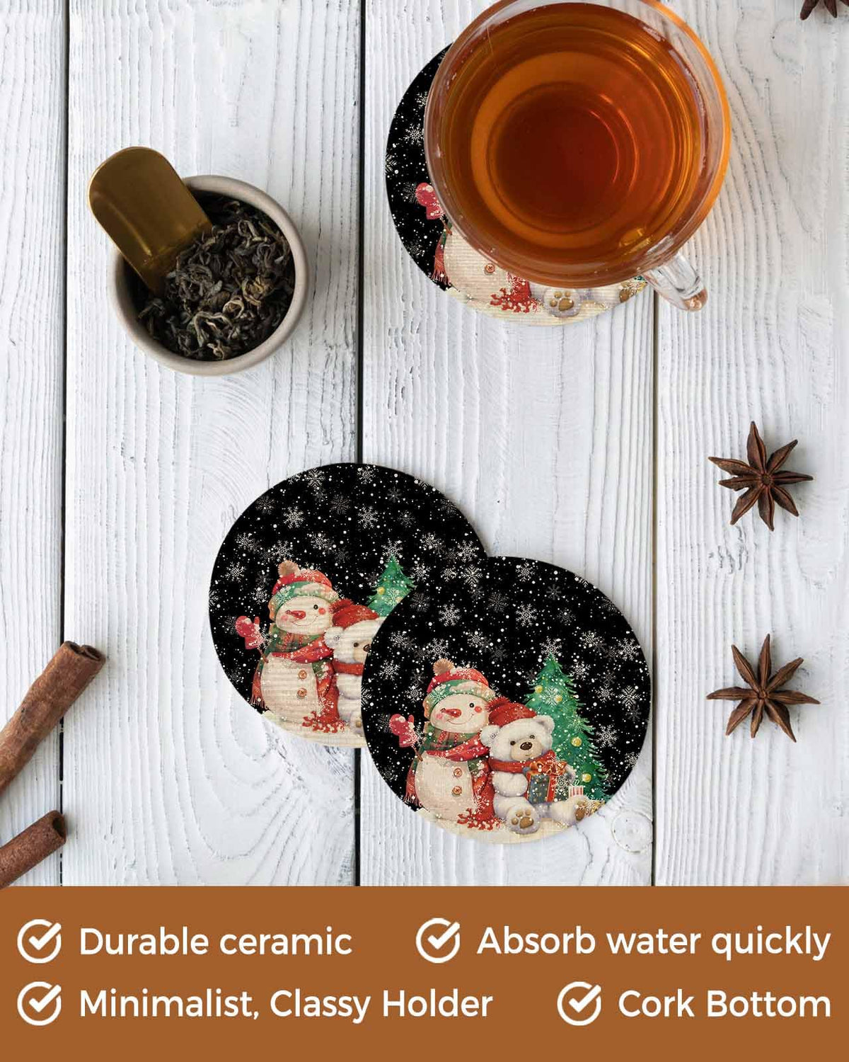 Black Retro Linen Ceramic Stone Coasters Set of 6 with Holder L84522