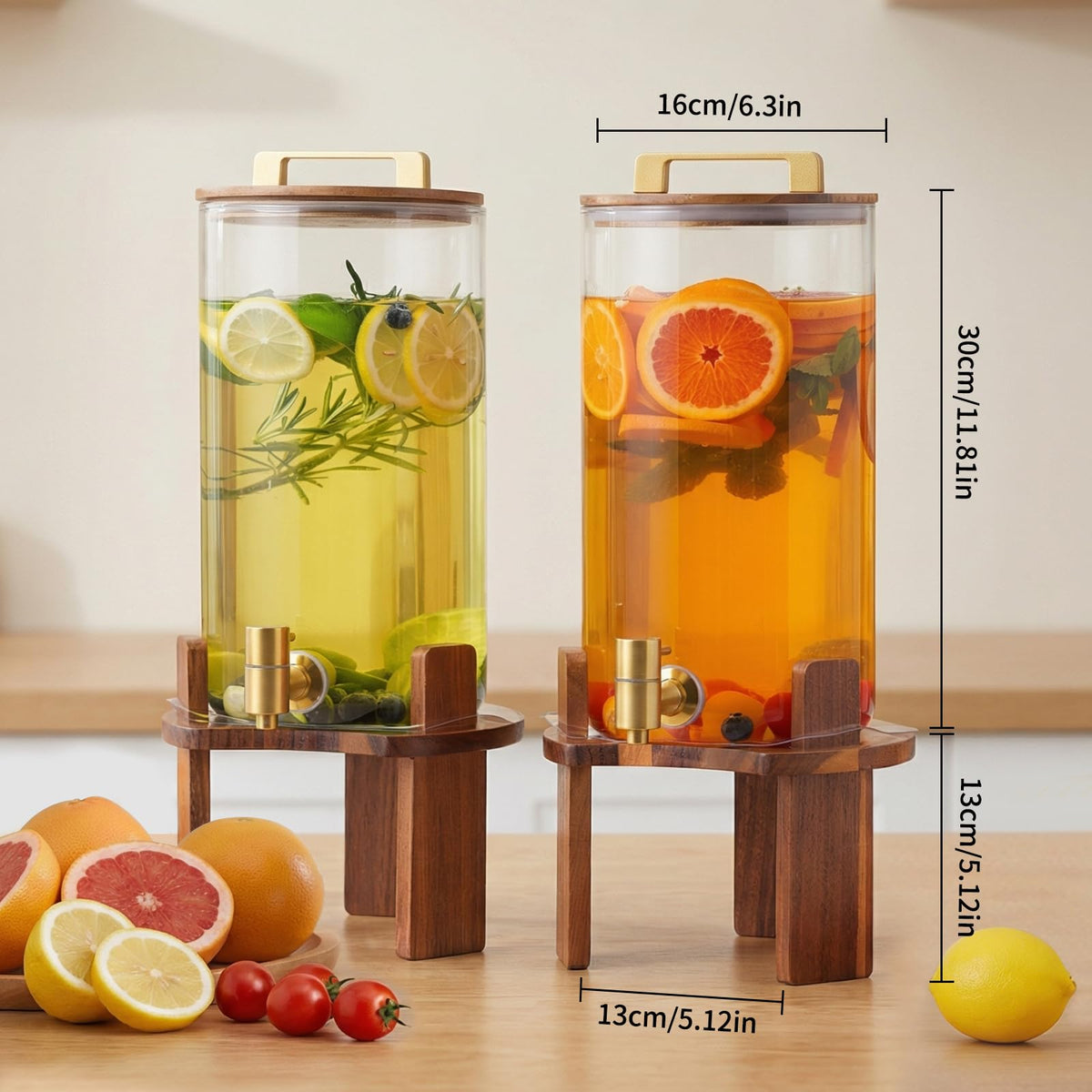2 PCS 1.5 Gallon Glass Drink Dispenser with Wood Stand and Spigot E34853