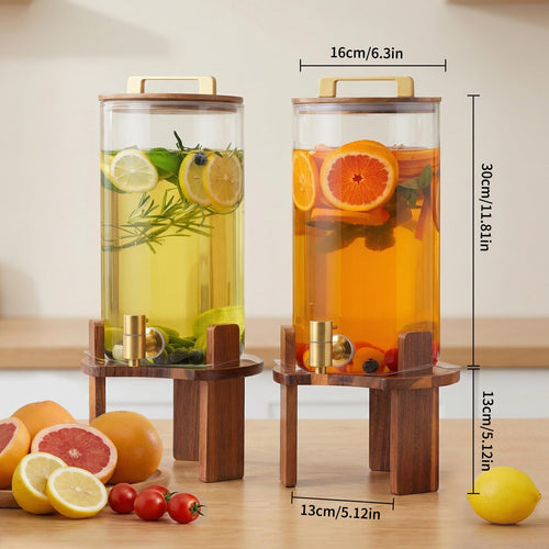 2 PCS 1.5 Gallon Glass Drink Dispenser with Wood Stand and Spigot E34853