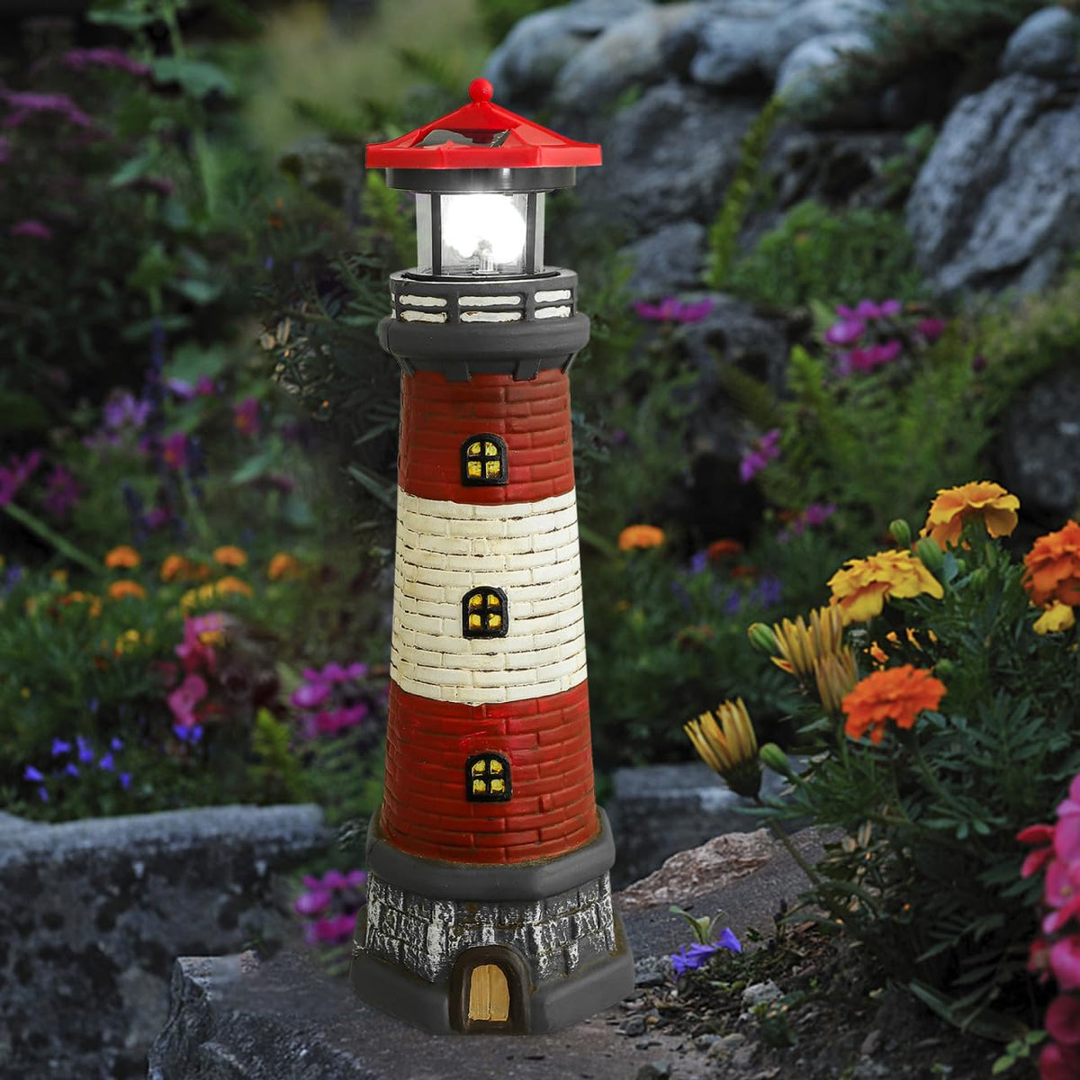 Solar Lighthouse with Rotating LED Lights 15 Inch Tall F272825