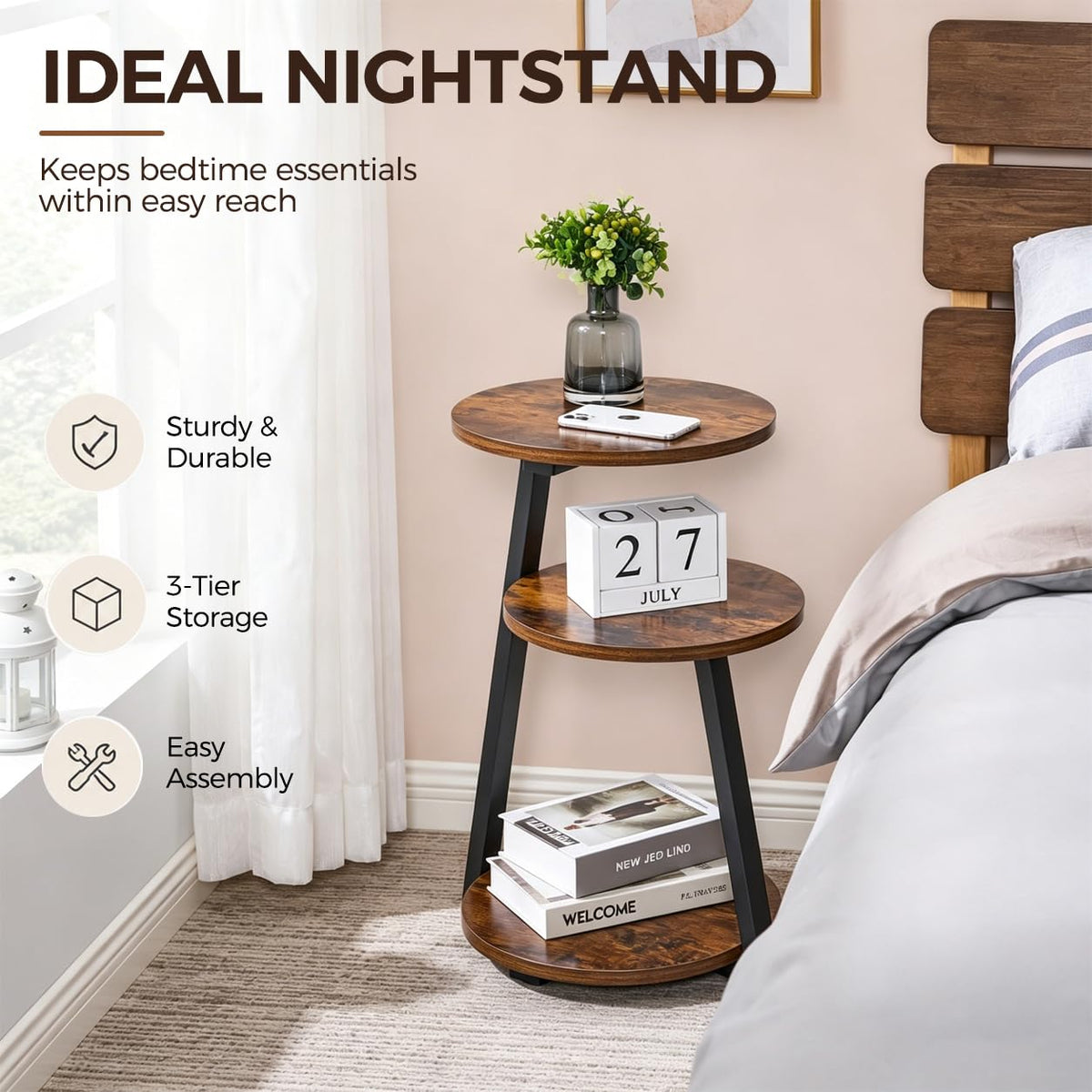 Small Round 3-Tier Side Table with Storage Shelves P640794