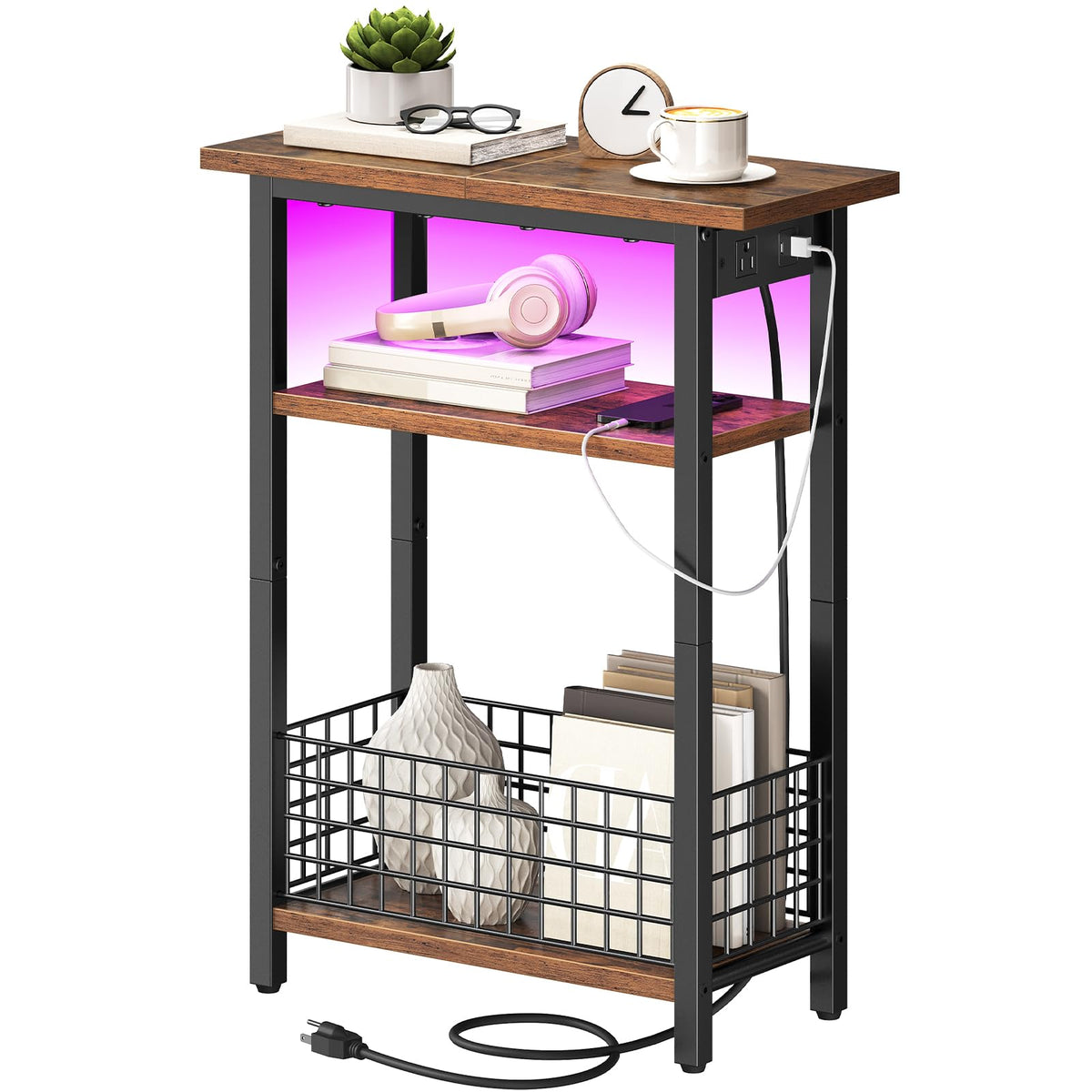 Narrow Side Table with Charging Station and LED Light D931721