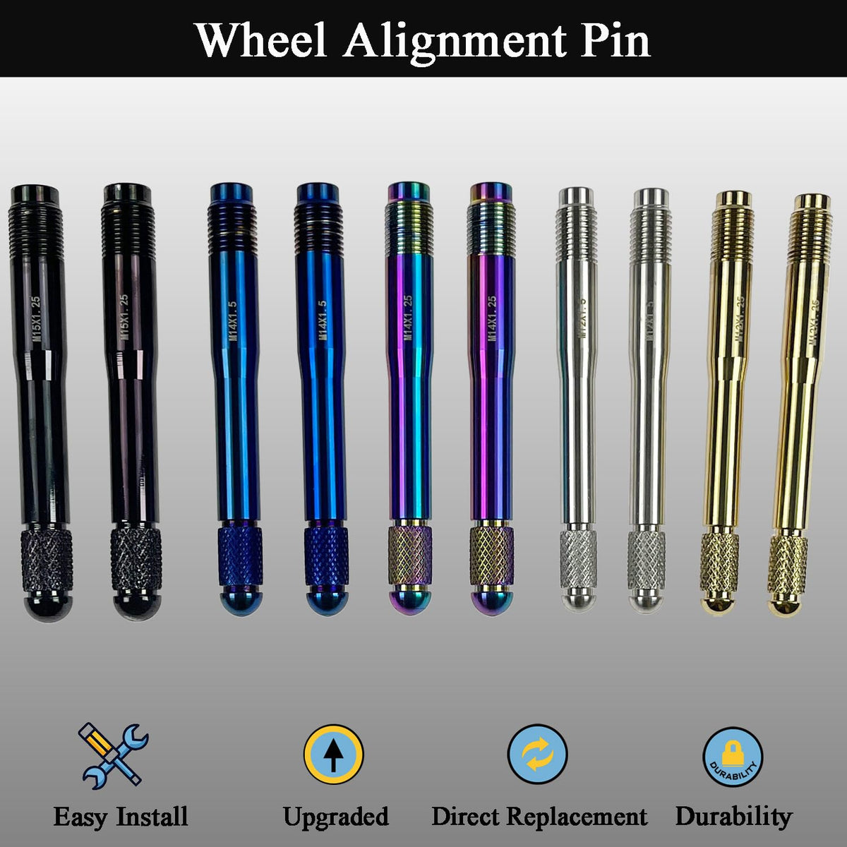 10PC Alloy Steel Wheel Alignment Pins Kit M12x1.5/1.25/M14x1.5/1.25/M15*1.25 Lug Bolt Guide Tool H92656