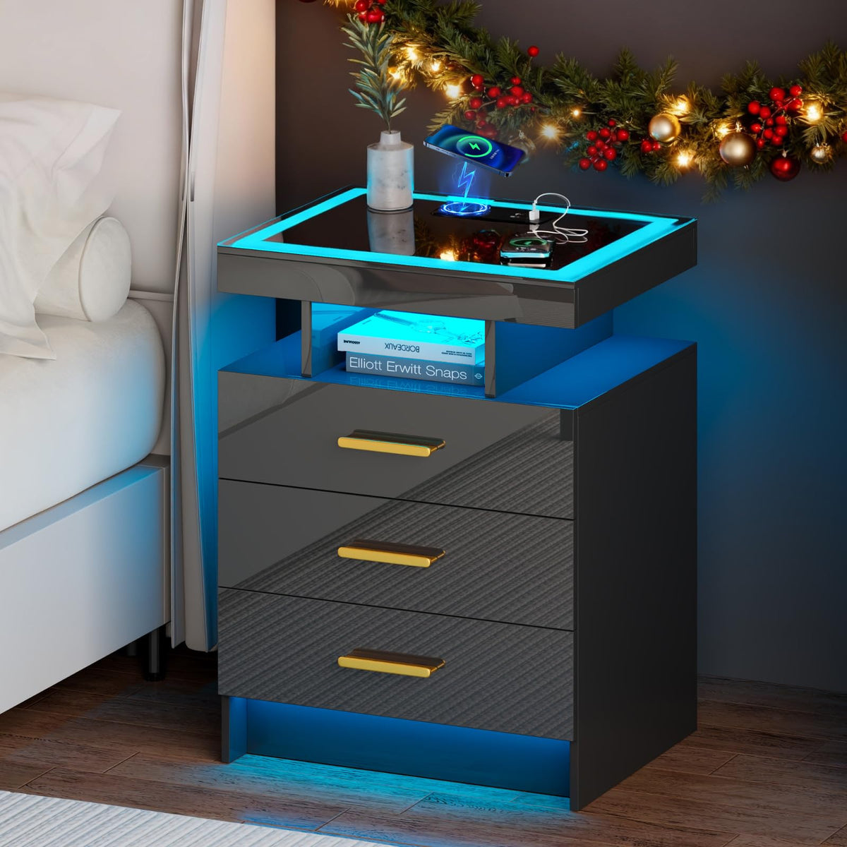 Black 3 Drawer LED Nightstand with Charging Station S244145