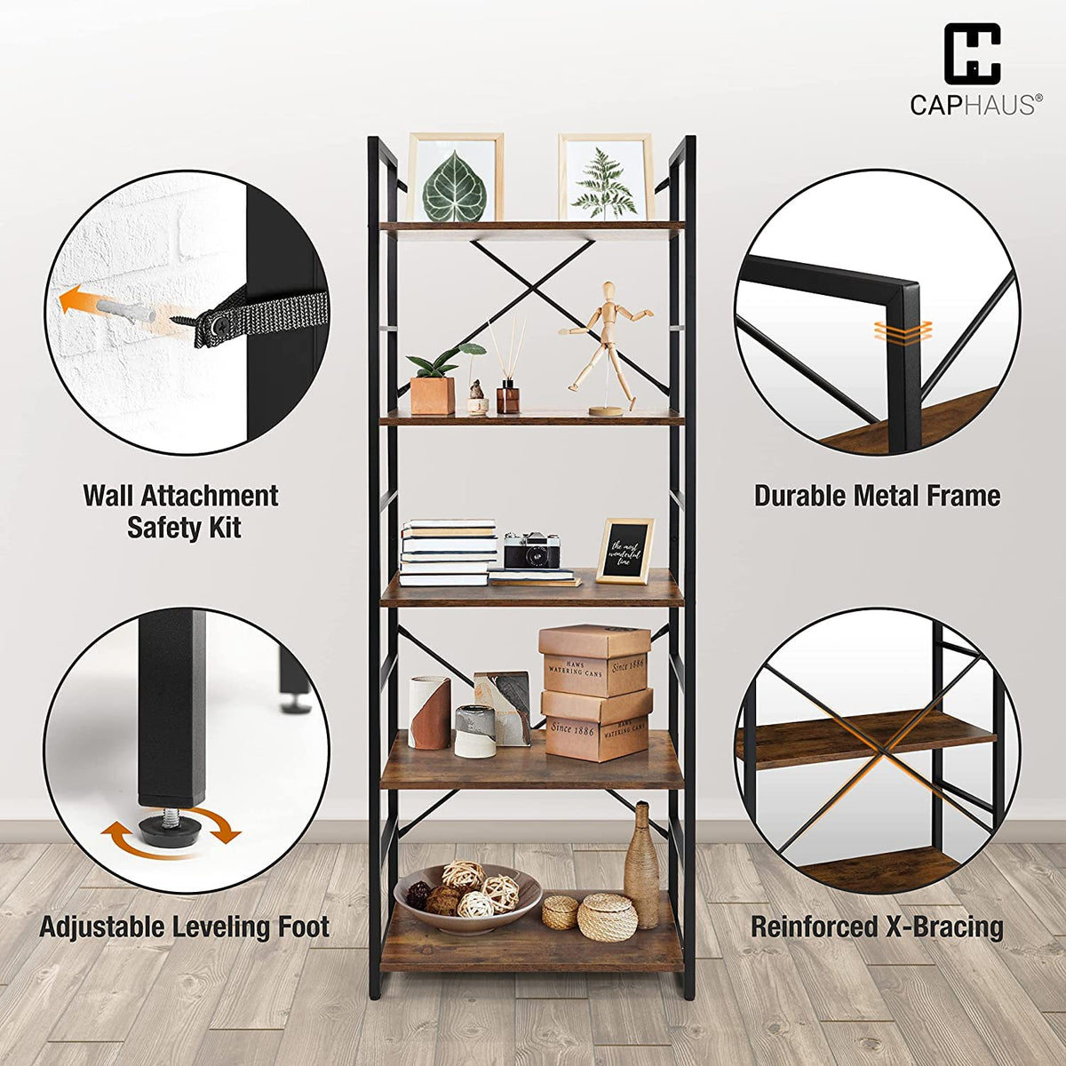 6 Tier 24 Inch Rustic Oak Bookshelf V415