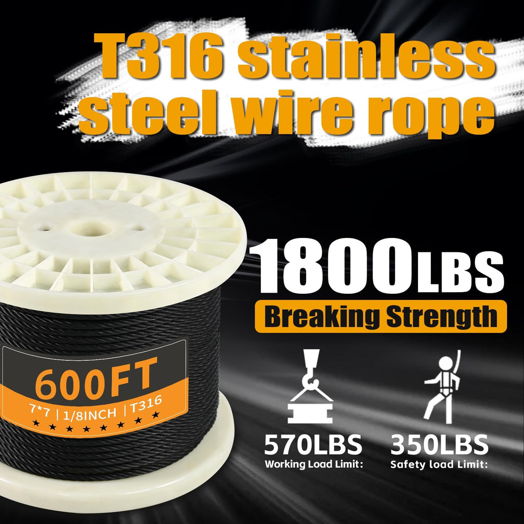 1/8" Black T316 Stainless Steel Cable Railing 600 FT 7x7 Wire Rope I6641
