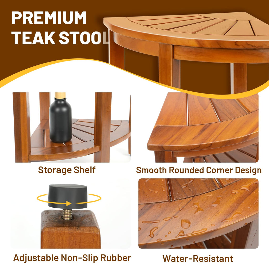 18" Teak Corner Shower Bench with Shelf D81467