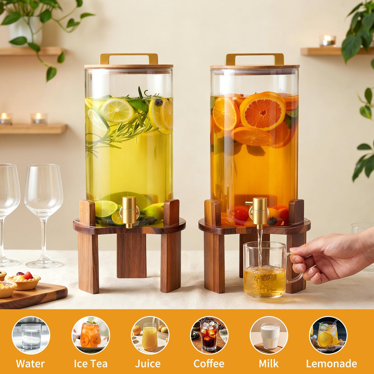 2 PCS 1.5 Gallon Glass Drink Dispenser with Wood Stand and Spigot E34853