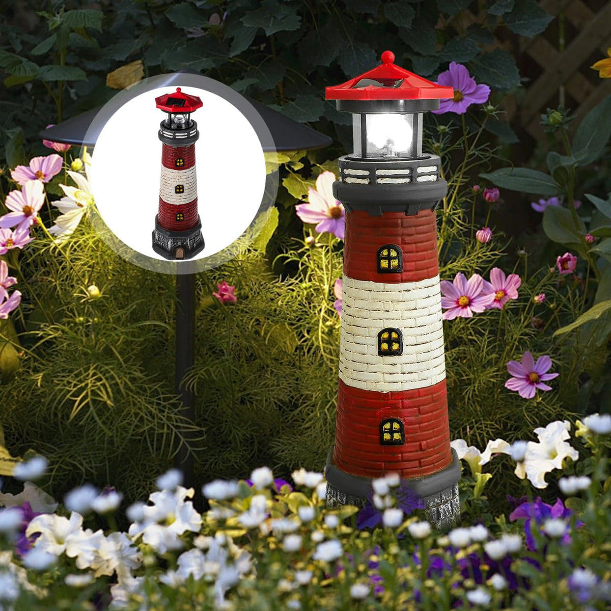 Solar Lighthouse with Rotating LED Lights 15 Inch Tall F272825