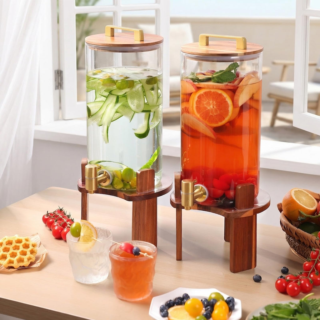 2 PCS 1.5 Gallon Glass Drink Dispenser with Wood Stand and Spigot E34853