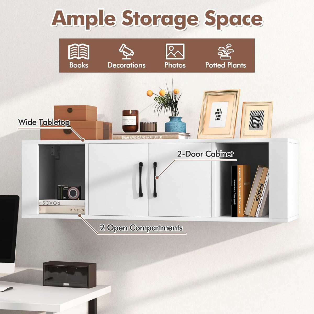 Wall Mounted Storage Cabinet, 2 Cube Floating Desk with Doors, White I154684