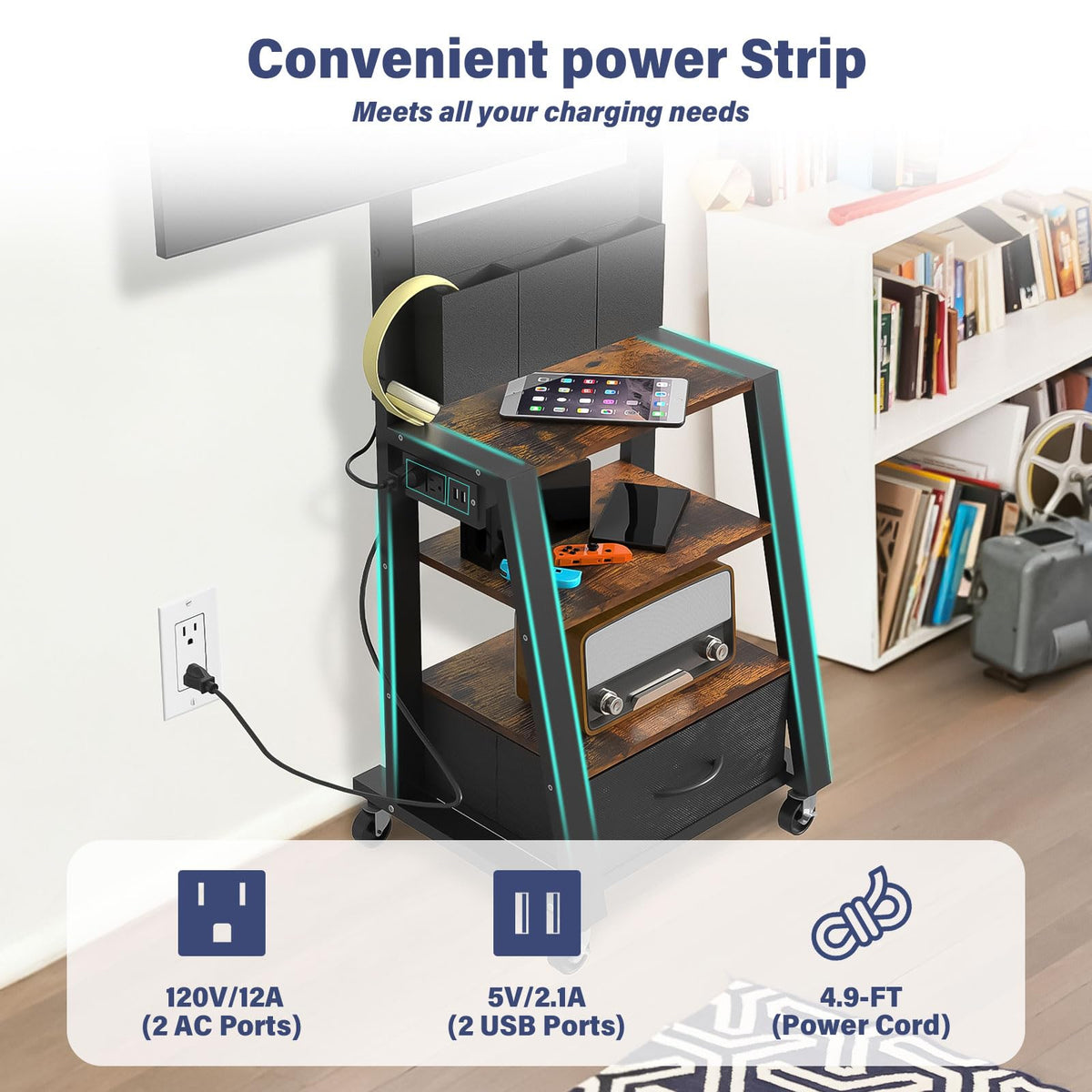Rolling TV Stand with Power Outlet & 4-Tier Storage for 23-60 Inch Flat/Curved Screen P846
