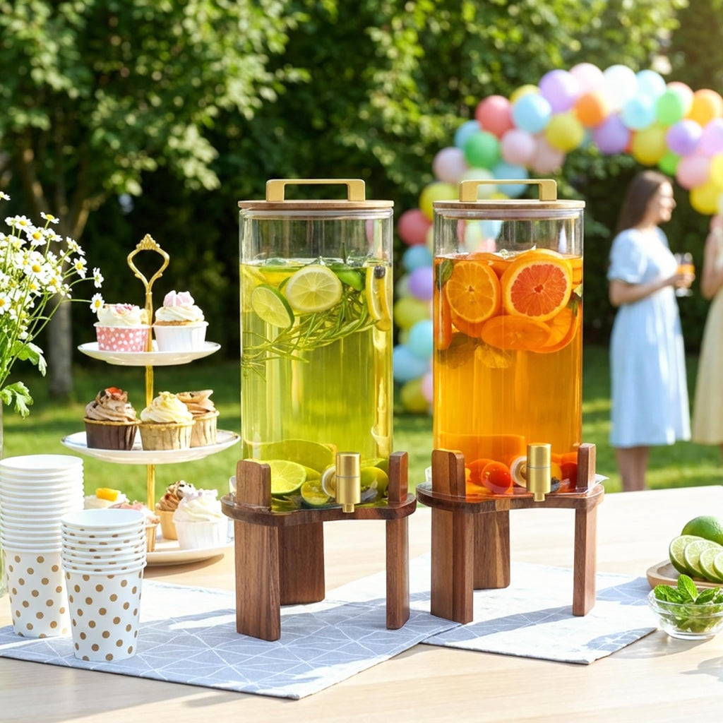 2 PCS 1.5 Gallon Glass Drink Dispenser with Wood Stand and Spigot E34853