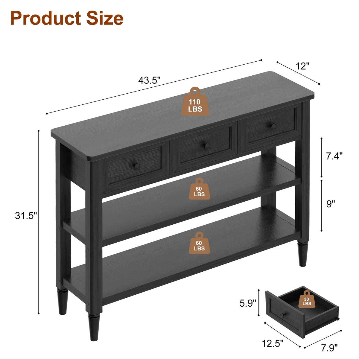 43" Narrow Farmhouse Console Table with 3 Drawers and 2 Shelves F550