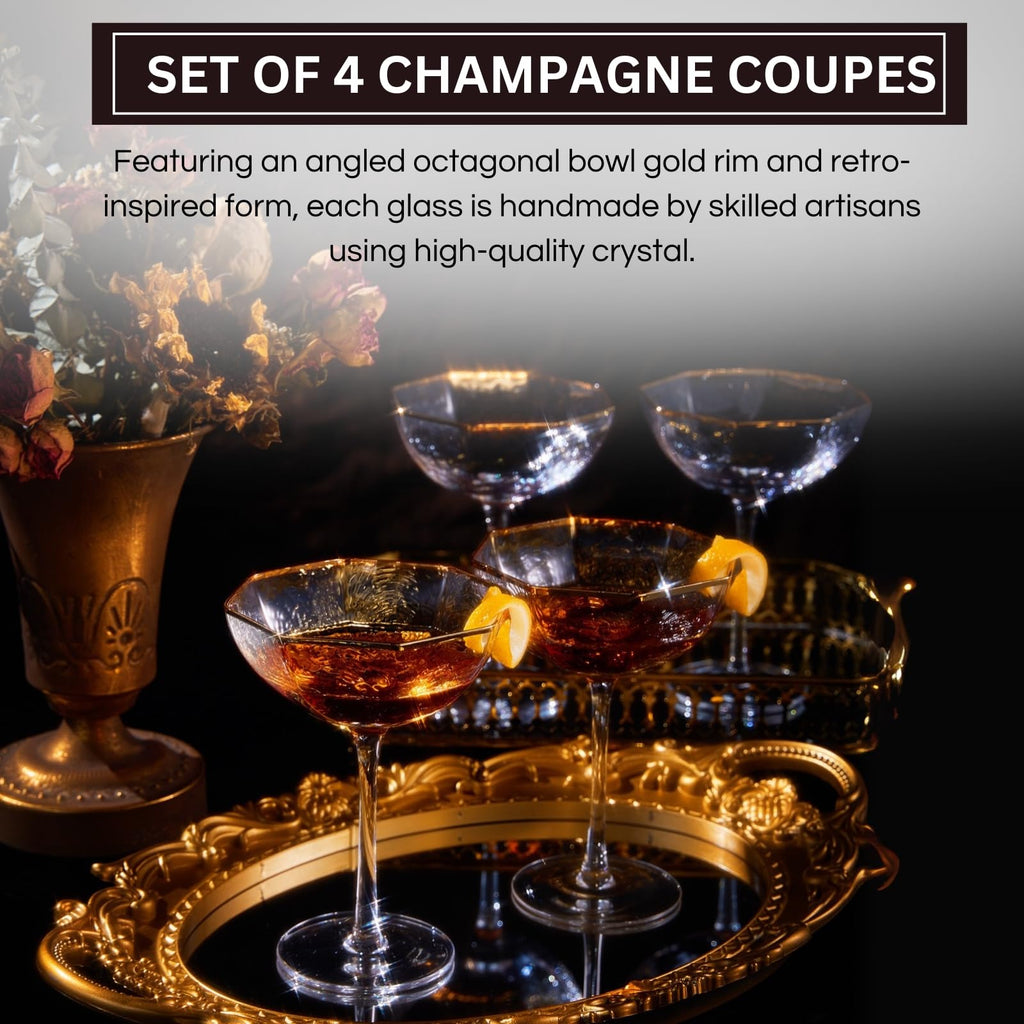 Champagne Coupe Glasses Set of 4 Gold Rim E586