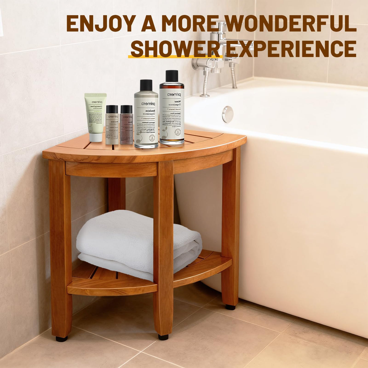 18" Teak Corner Shower Bench with Shelf D81467