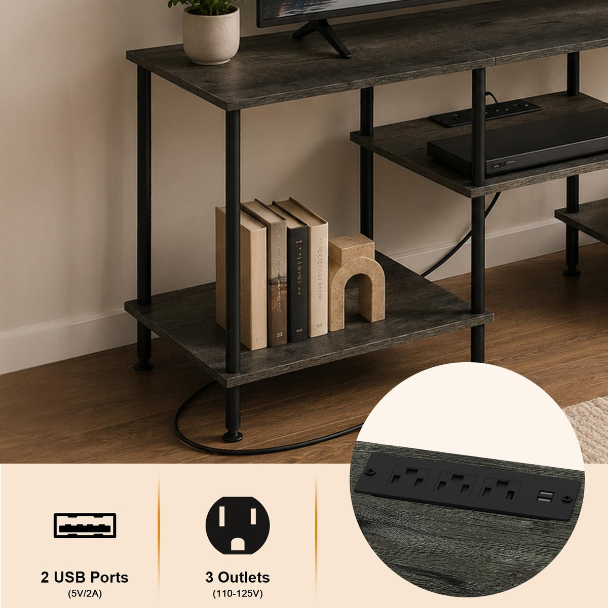 50 Inch Dark Grey TV Stand with Power Outlet F180