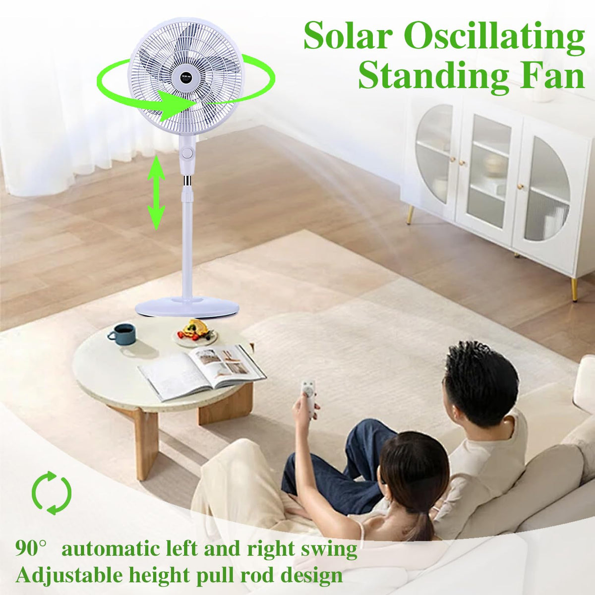 16" Solar Oscillating Standing Fan, 10000mAh Rechargeable, 3 Speed, White D9141