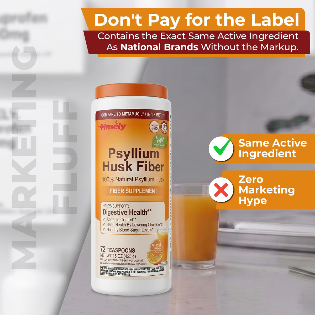 Psyllium Husk Powder Fiber Supplement, Orange Flavor, 15 oz Q42825