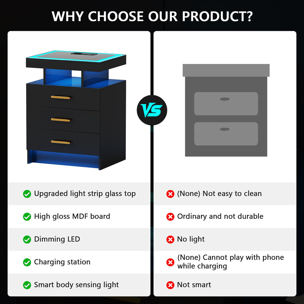 Black 3 Drawer LED Nightstand with Charging Station S244145