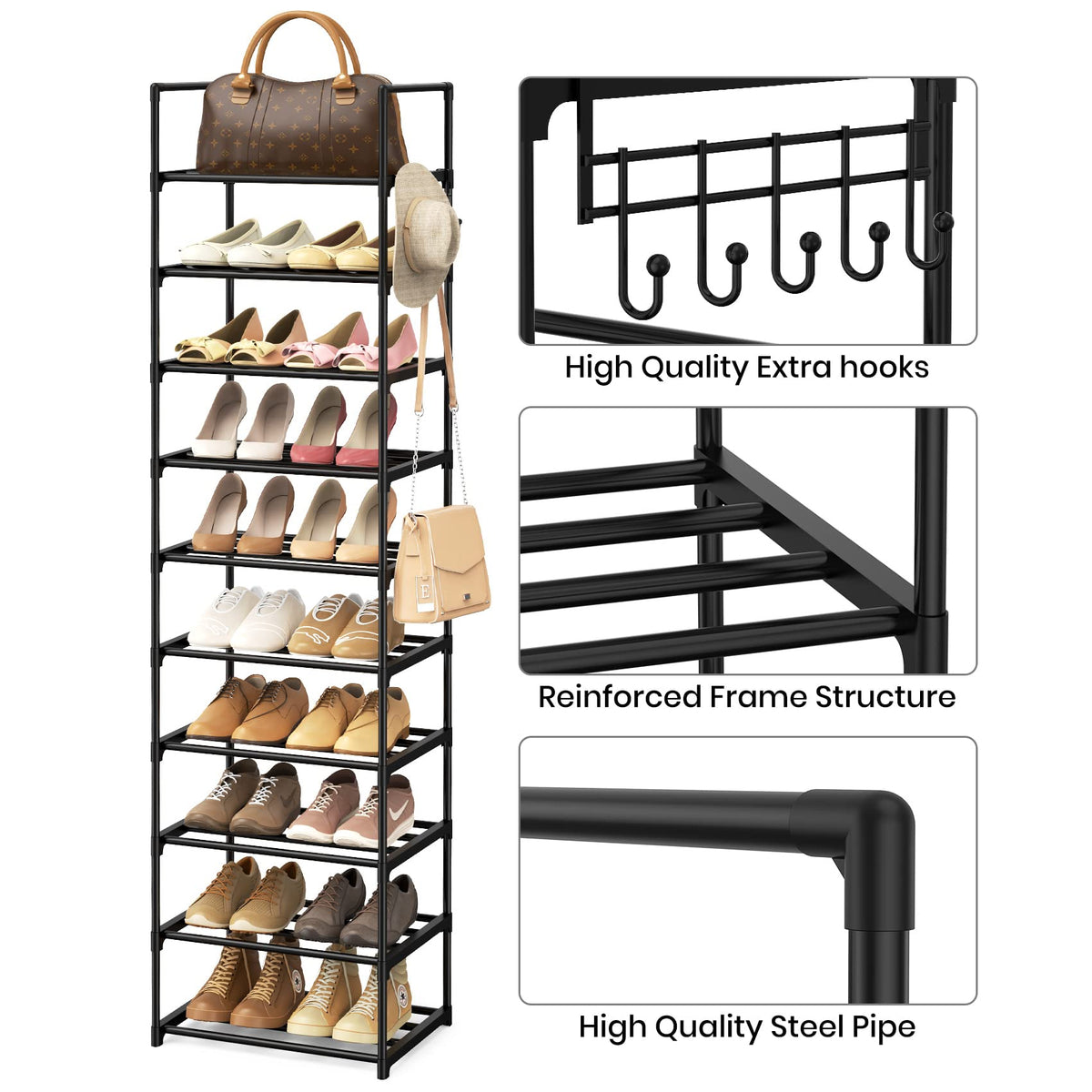 Black 10 Tiers Narrow Shoe Rack W82315