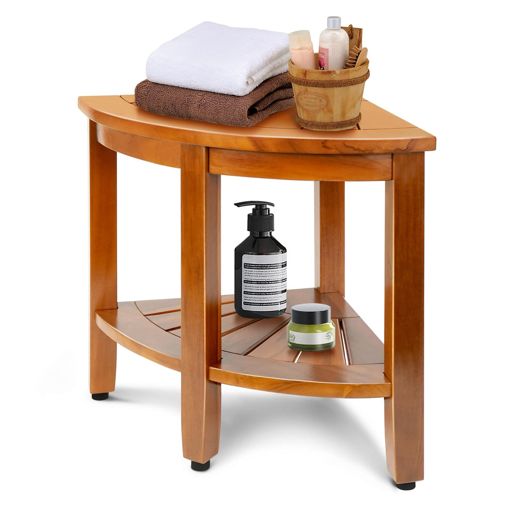 18" Teak Corner Shower Bench with Shelf D81467
