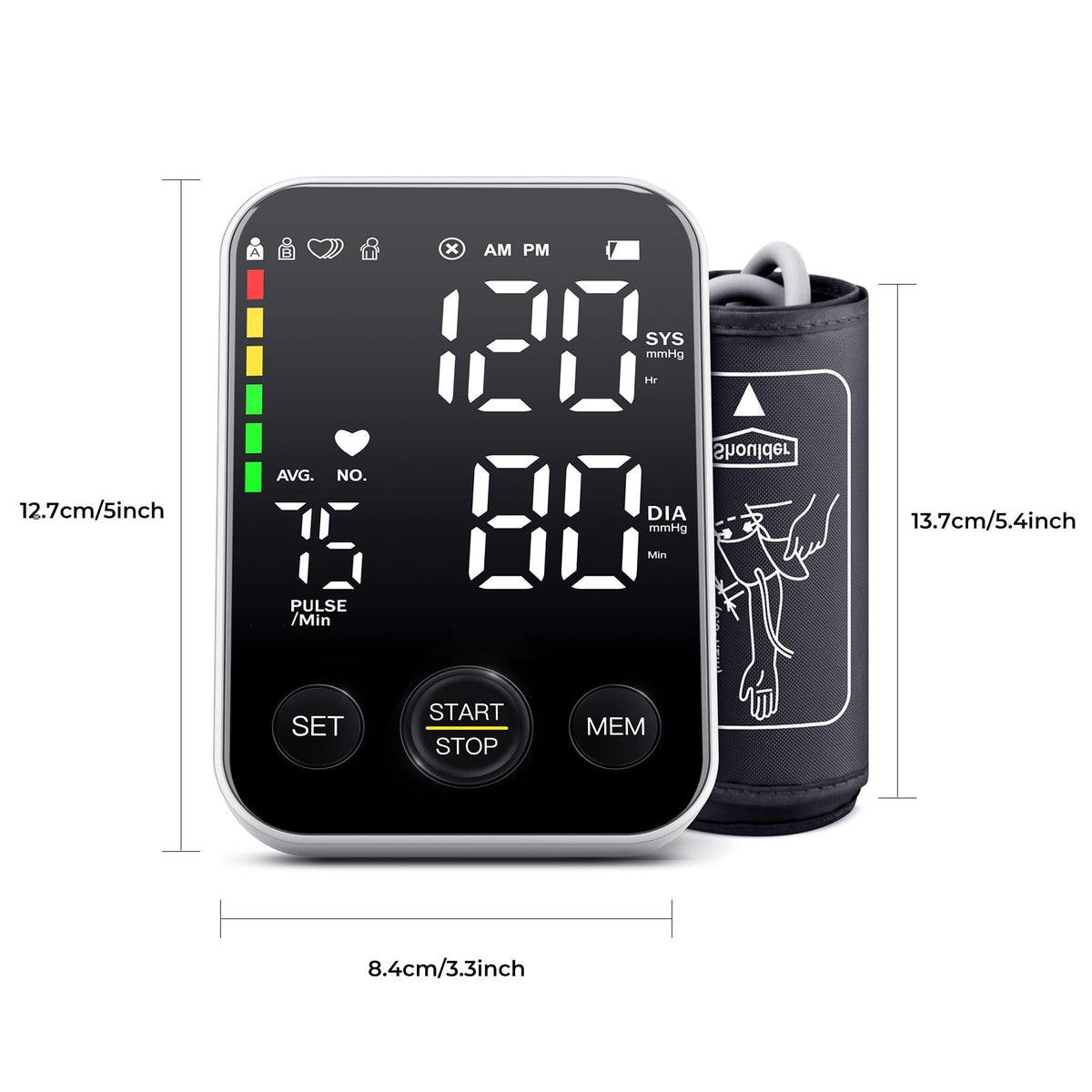 Black Upper Arm Blood Pressure Monitor with Adjustable Arm Cuff and Large Display S451
