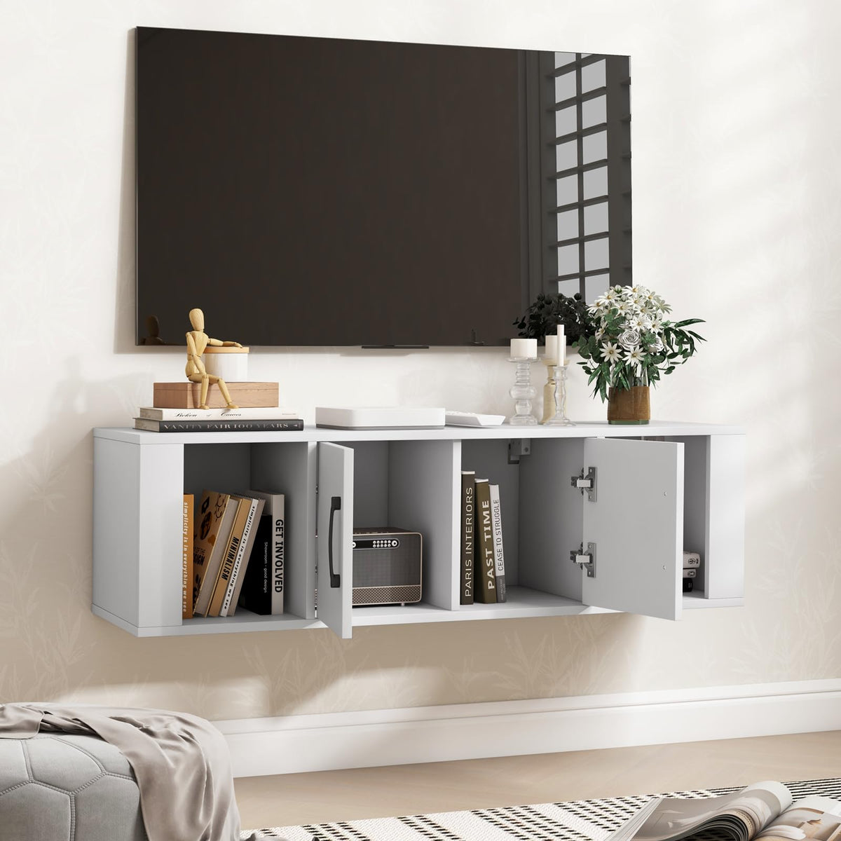 Wall Mounted Storage Cabinet, 2 Cube Floating Desk with Doors, White I154684