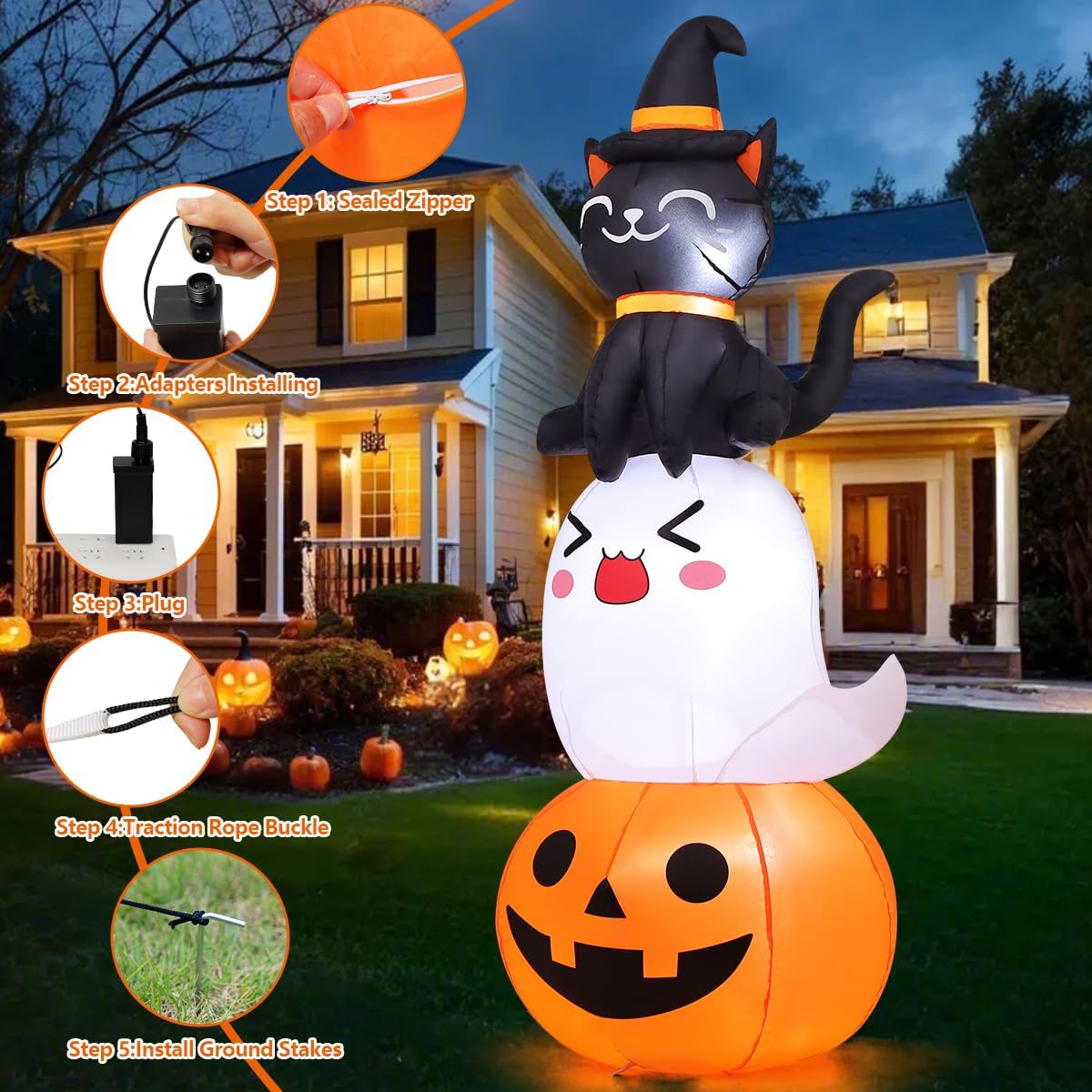6 FT Halloween Inflatables Pumpkin Ghost Cat Outdoor Decorations U366170