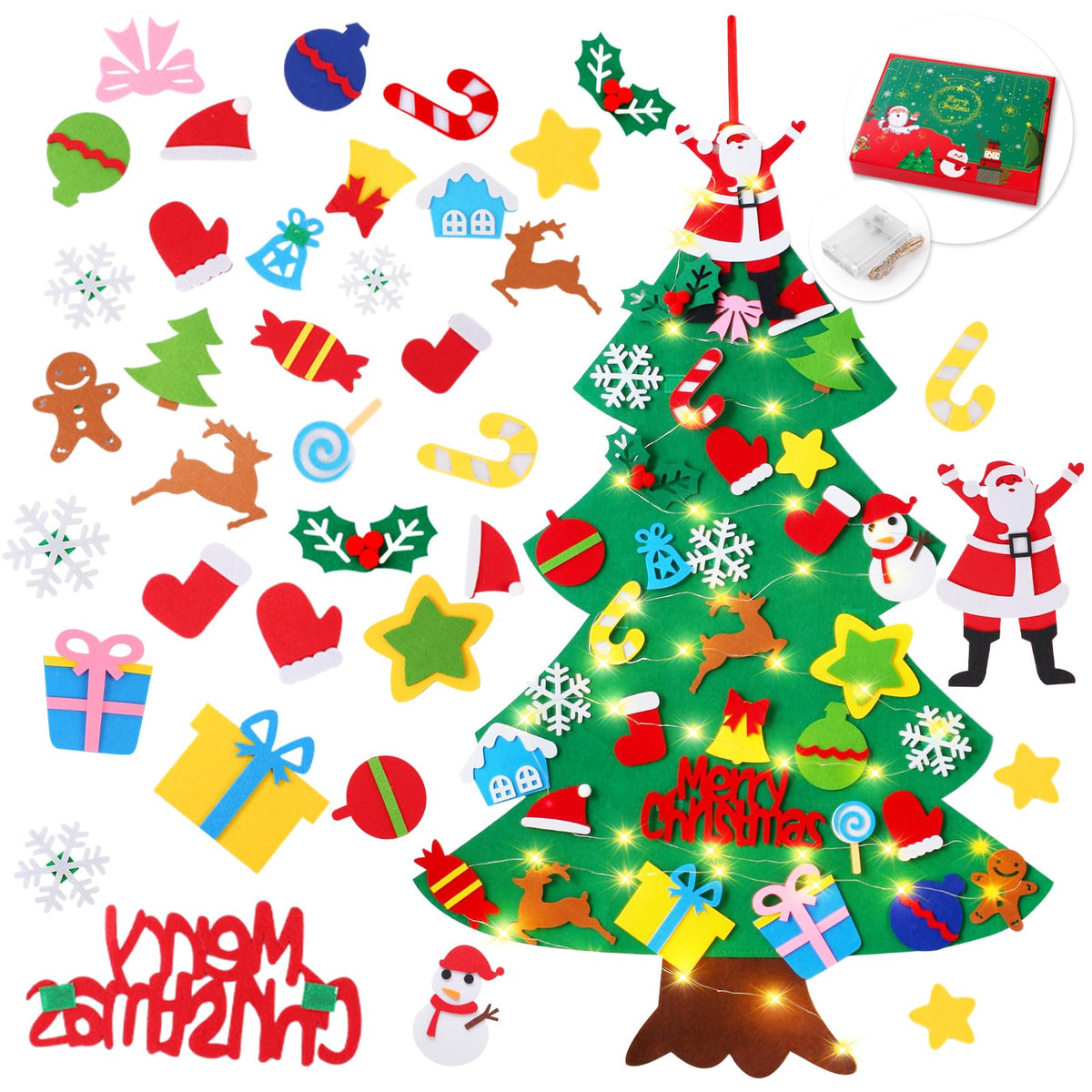 Felt Christmas Tree for Toddlers, 3.2ft Wall Hanging DIY Xmas Decorations with String Light I710775